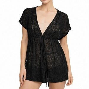 Miken Black Lace Tunic Top XL Sheer Boho Tie Front Cotton Blend Cover Up Layers
